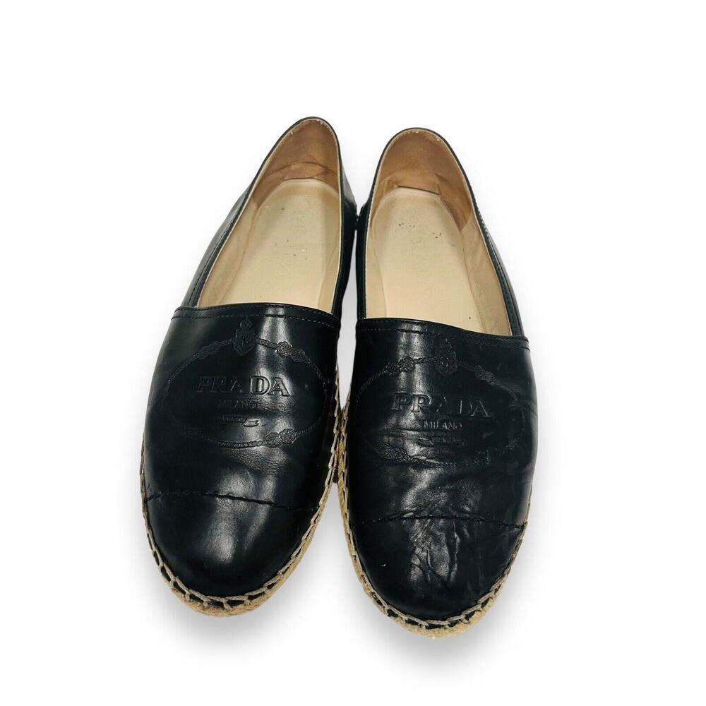 PRADA Black Leather Embossed Logo Espadrilles Flats Size 38 US 8 - Picture 6 of 6